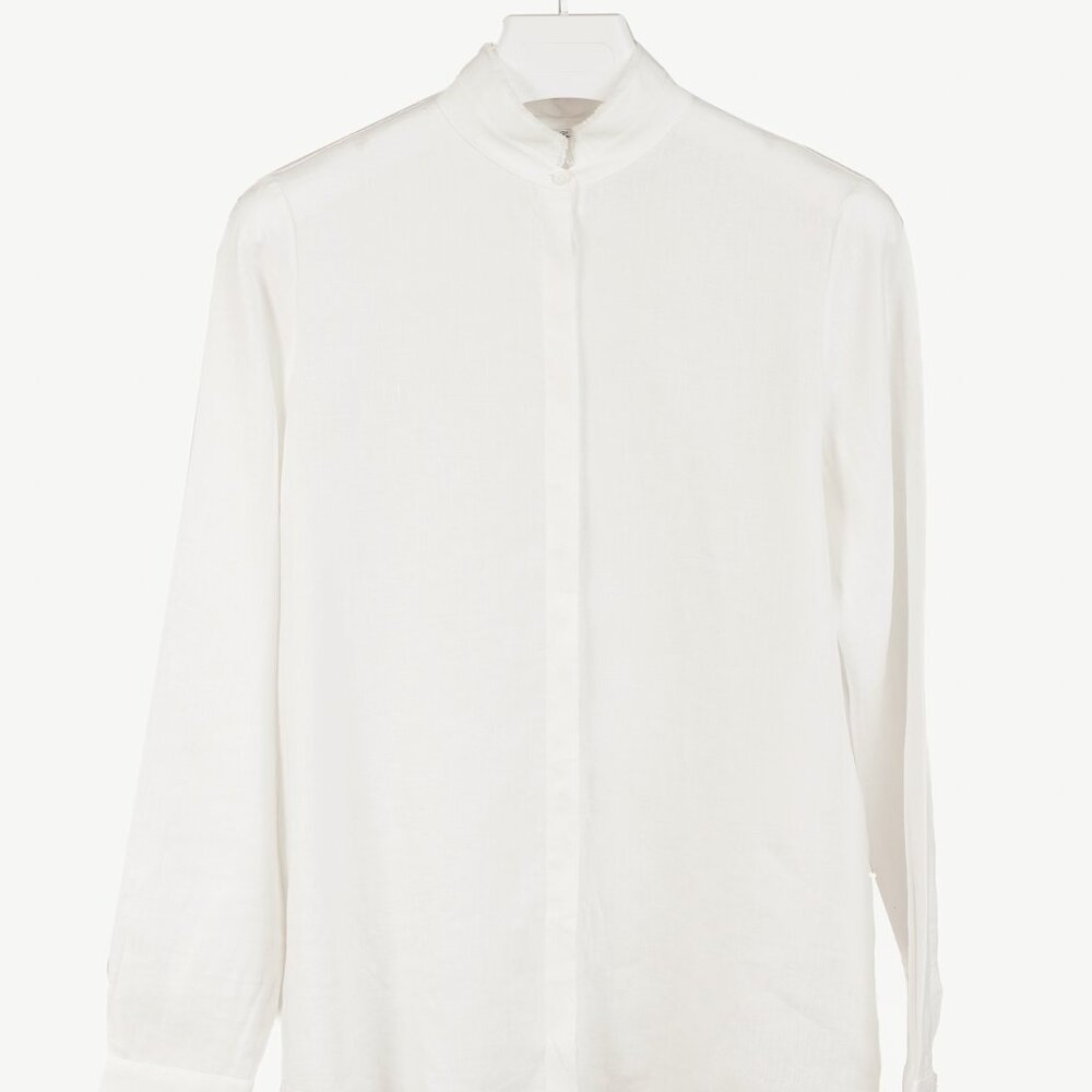 Loro Piana White Linen Fringe-Trim Long-Sleeve Buttoned Shirt